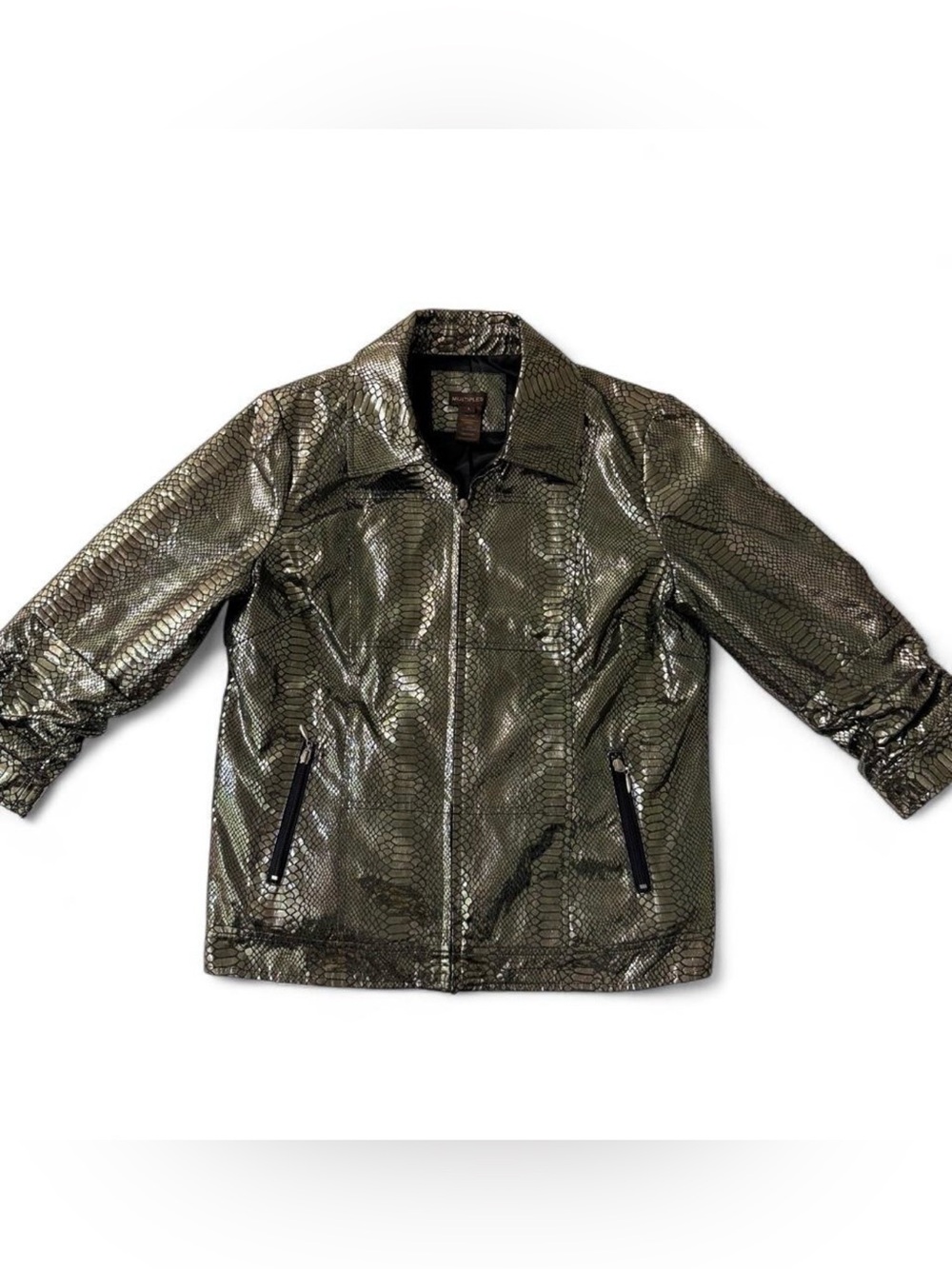 Multiples Metallic Bronze Snake-Print Foils Print Y2K Rave Core Jacket